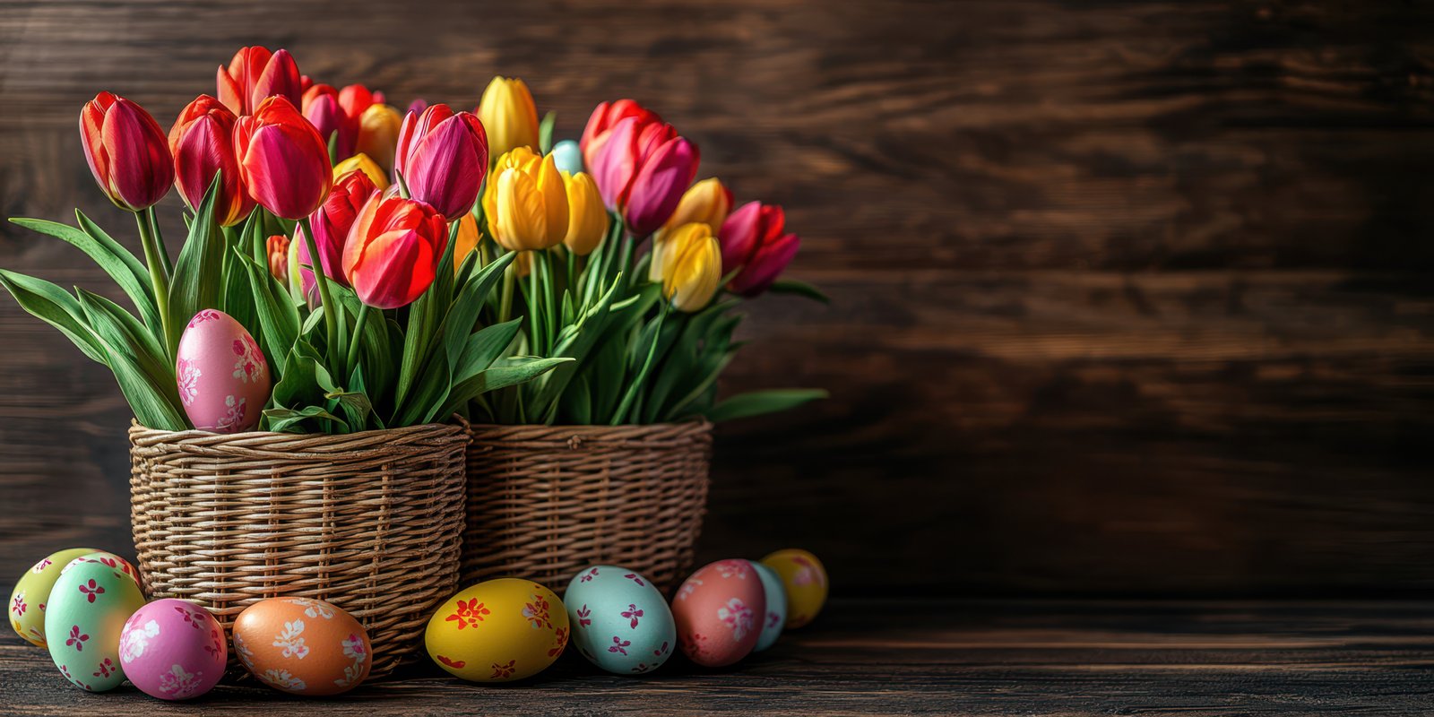 Bright tulips in woven baskets alongside colorful Easter eggs on rustic wooden background